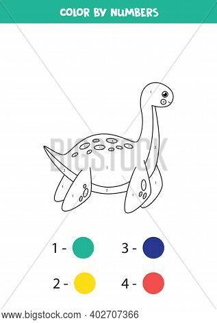 Color Cute Cartoon Dinosaur Plesiosaurus By Numbers.