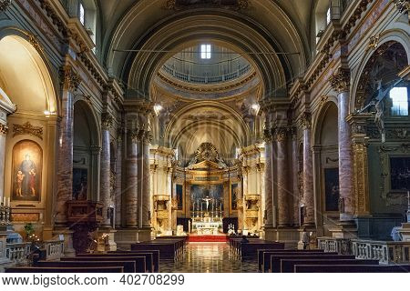 Bergamo, Italy - May 22, 2019: Interior Of The Roman Catholic Church Sant'alessandro In Colonna (ded