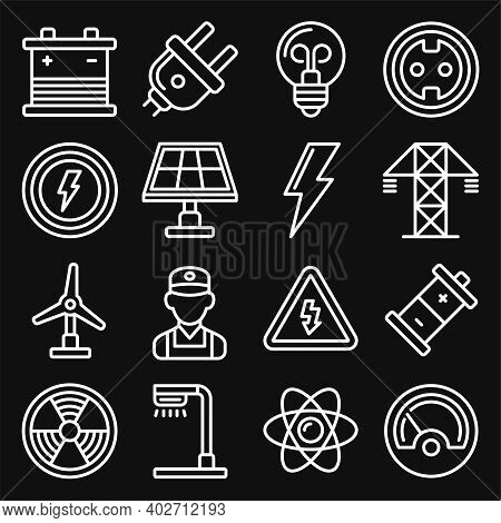 Energy Electricity Icons Set On Black Background. Line Style Vector