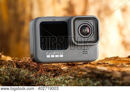 Tallinn, Estonia - December 11, 2020: Gopro Hero 9 Black Action Camera Outdoors In Forest