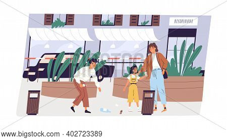 Child Collecting Garbage In Street. Young Modern Mother With Children Picking Up Rubbish To Throw It