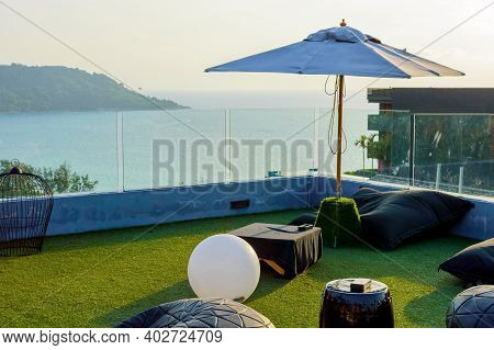 Bean Bags In Rest Relax Area On Rooftop.