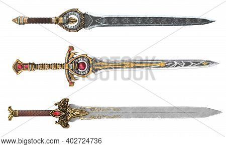 Fantasy Golden Sword With Long Blade On Isolated White Background. 3d Illustration