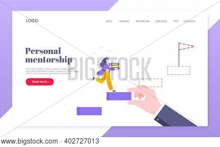 Business Mentor Helps To Improve Career And Holding Stairs Steps Vector Illustration. Mentorship, Up