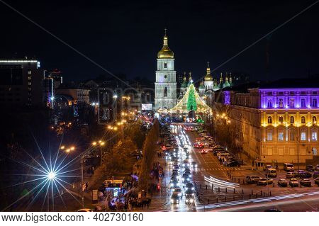 Amazing Panoramic View From The Bell Tower Of St. Michaels Golden-domed Monastery At Night Light - K