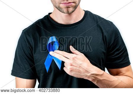 Blue Prostate Ribbon. Awareness Cancer Of Men Health. Hipster Men In Black Shirt With Blue Ribbon In