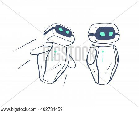 Chat Bot Character Flying And Stand Still. Virtual Support And Communication Concept. Vector Flat Il