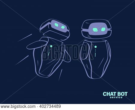 Two Chat Bot Flying On Black Background. Virtual Support And Communication Concept. Vector Flat Illu