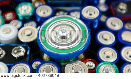 Lots Of Used Household Alkaline Batteries Type Aa, Aaa, Pp3, D, C, Collected For Recycling. Recyclin
