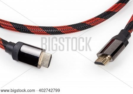 Full-size Hdmi Connectors At The Edges Of A High Quality Cable On A White Background, Close-up