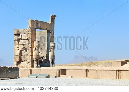 Gate of All Nations (Xerxes Gate) with stone statues of lamassu in ancient city Persepolis, Iran. UNESCO world heritage site