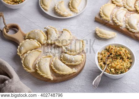 Homemade Raw Frozen Vegan Dumplings, Vareniki, Pierogi, Kreplach  Stuffed With Vegan Lentil 