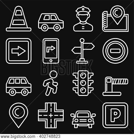 Car Traffic And Driving Icons Set On Black Background. Line Style Vector