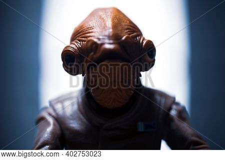 JAN 7 2021: extreme closeup of Rebel Admiral Gial Ackbar best known for the line It's A Trap - Hasbro action figure