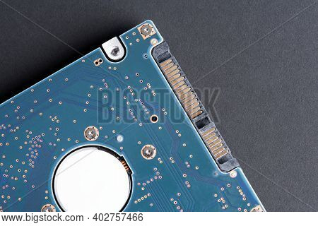 Blue computer CPU motherboard flat lay