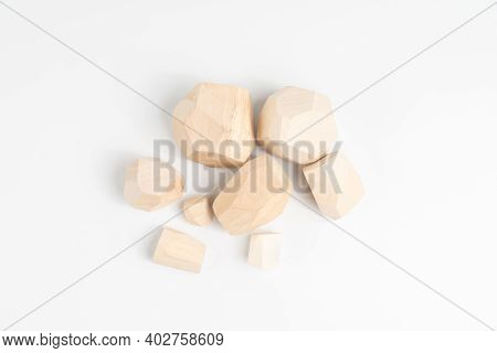 Start Of The Game Tumi-ishi. Stones For Rock Balance. Randomly Scattered Wooden Elements For A Puzzl