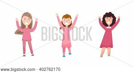 Women Standing, Hands Up.flat Cartoon Characters Isolated On White Background.
