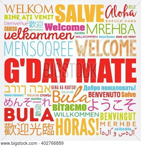 G'day Mate (welcome In Australian) Word Cloud In Different Languages, Conceptual Background
