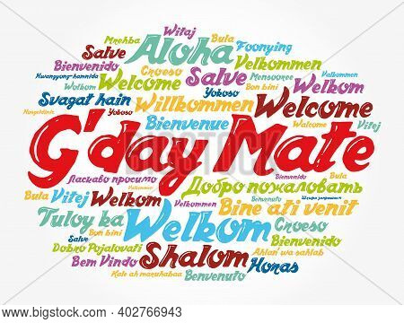 G'day Mate (welcome In Australian) Word Cloud In Different Languages, Conceptual Background