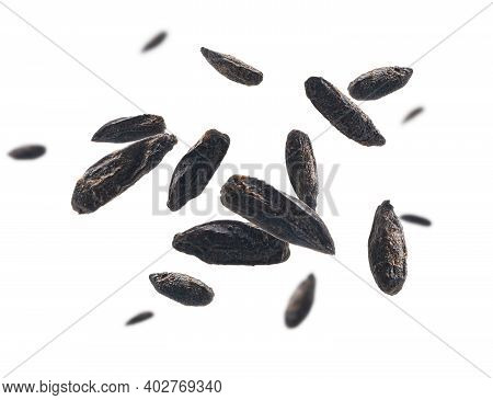 Roasted Rye Malt Grains Levitate On A White Background