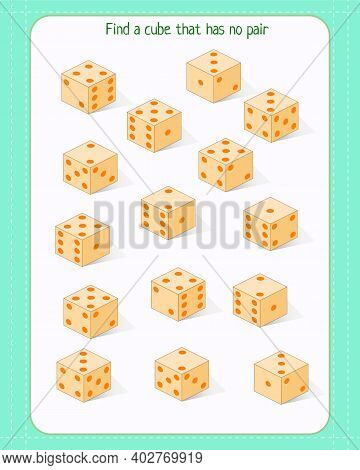 Logic Game For Children. Find Which Cube Is Unpaired. Development Of Attention. Vector Illustration