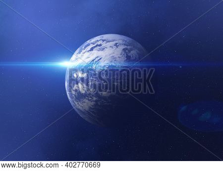 Planet Earth In The Deep Outer Space. High Resolution Image Of Blue Planet And Sun. Galaxy, Nebula A