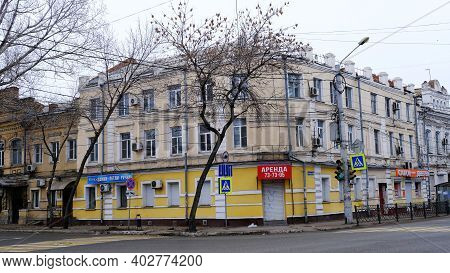 Astrakhan, Russia, January 7, 2021. Old Buildings Of The City. Admiralteyskaya Street.