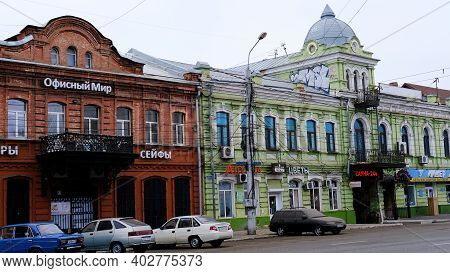 Astrakhan, Russia, January 7, 2021. Old Buildings Of The City. Admiralteyskaya Street.