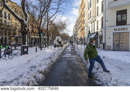 Madrid, Spain - January 10, 2021: General View Of Ibiza Street, In Retiro District, Covered With Sno