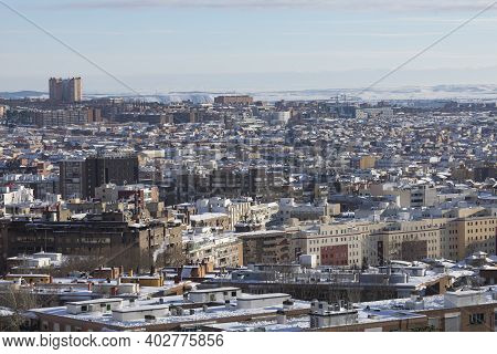 Madrid, Spain - January 10, 2021: Aerial View Of Madrid, Towards The Vallecas Area, Covered With Sno