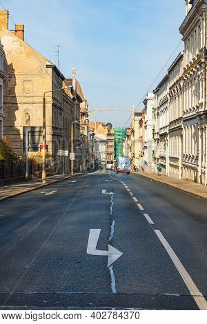 Zgorzelec Gorlitz January 27 2020 Long Straight Street Between Old Tenement Houses At Sunny Day