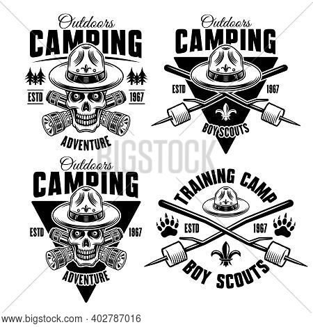 Camping Set Of Four Monochrome Vector Emblems, Badges, Labels Or Logos In Vintage Style With Boy Sco