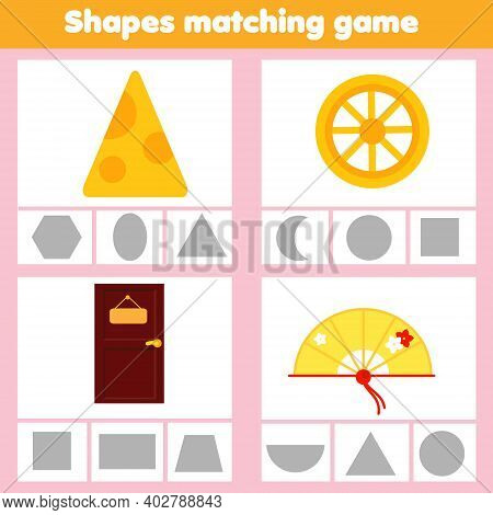 Matching Children Educational Game. Match Objects Wtih Geometric Shapes. Activity For Kids And Toddl