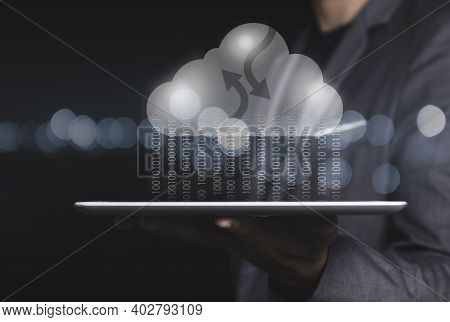 Cloud Computing Technology Transformation Concept, Businessman Touching On Virtual Cloud Computing F