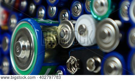 Lots Of Used Household Alkaline Batteries Type Aa, Aaa, Pp3, D, C, Collected For Recycling. Recyclin