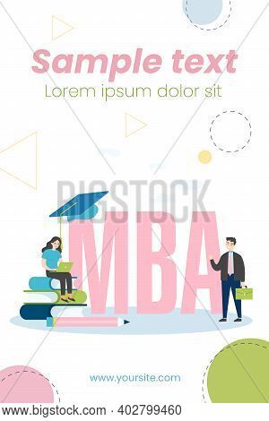 Mba School Students. Person Using Laptop On Stack Of Books Near Graduation Cap, Studying Business Ad