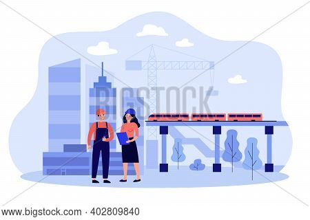 Professional Engineers Discussing Project Isolated Flat Vector Illustration. Cartoon Builders Buildi