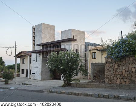 Santa Maria Navarrese, Sardinia, Italy, September 6, 2020: View Of Modern Church Chiesa San Giovanni