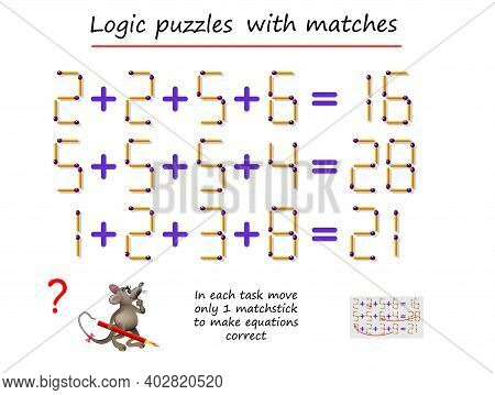 Logical Puzzle Game With Matches. In Each Task Move Only 1 Matchstick To Make Equations Correct. Mat