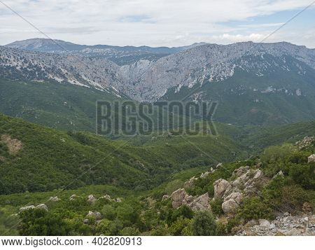 Aerial View Of Green Forest Landscape Of Supramonte Mountains With Limestone Rock And Mediterranean 