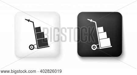 Black And White Hand Truck And Boxes Icon Isolated On White Background. Dolly Symbol. Square Button.