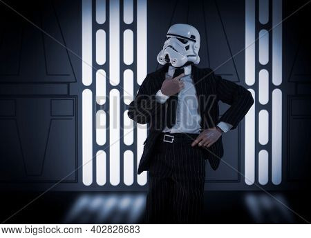 JAN 10 2021: Dapper Star Wars Stormtrooper in a suit and tie - custom action figure