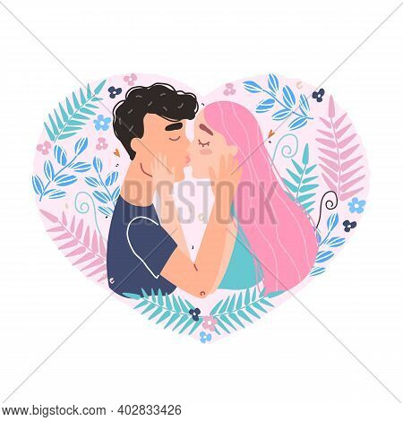Vector Valentine Card With Cute Characters. Romantic Couple In Love Kissing. World Kissing Day. Clip