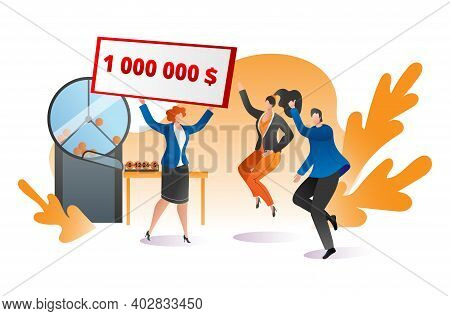 Group People Together Celebrate Winning Big Jackpot Lottery, Female Male Jump Hand Up Flat Vector Il