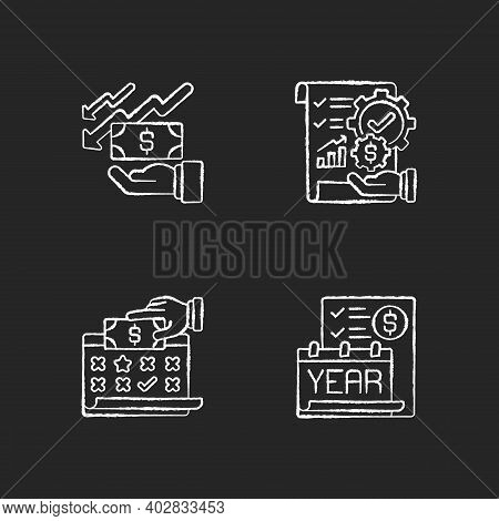 Accounting Chalk White Icons Set On Black Background. Turnkey Finance Functions Of Company. Financia