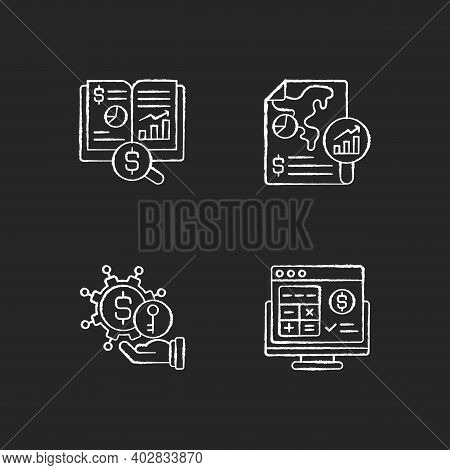 Accounting Chalk White Icons Set On Black Background. Tax Accounting Of Business. Place To Store All