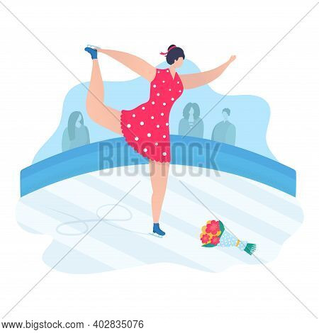 Professional Sportsman Woman Character Figure Skating, Great Athletic Ice Performance Flat Vector Il