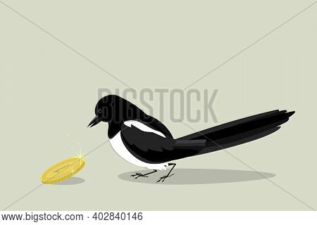 A Magpie Bird And A Shiny Coin. Vector Illustration In Cartoon Flat Style. The Visual Concept Of The