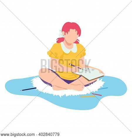 Young Teenager Girl Sitting Floor Pencil Drawing Aquarelle Picture, Woman Write Personal Diary Carto