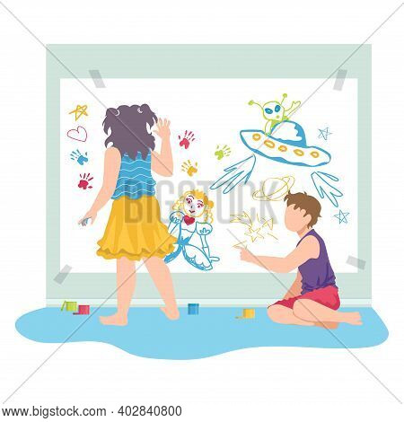 Little Kid Sitting Floor Drawing Aquarelle Picture, Character Children Female Male Friend Cartoon Ve